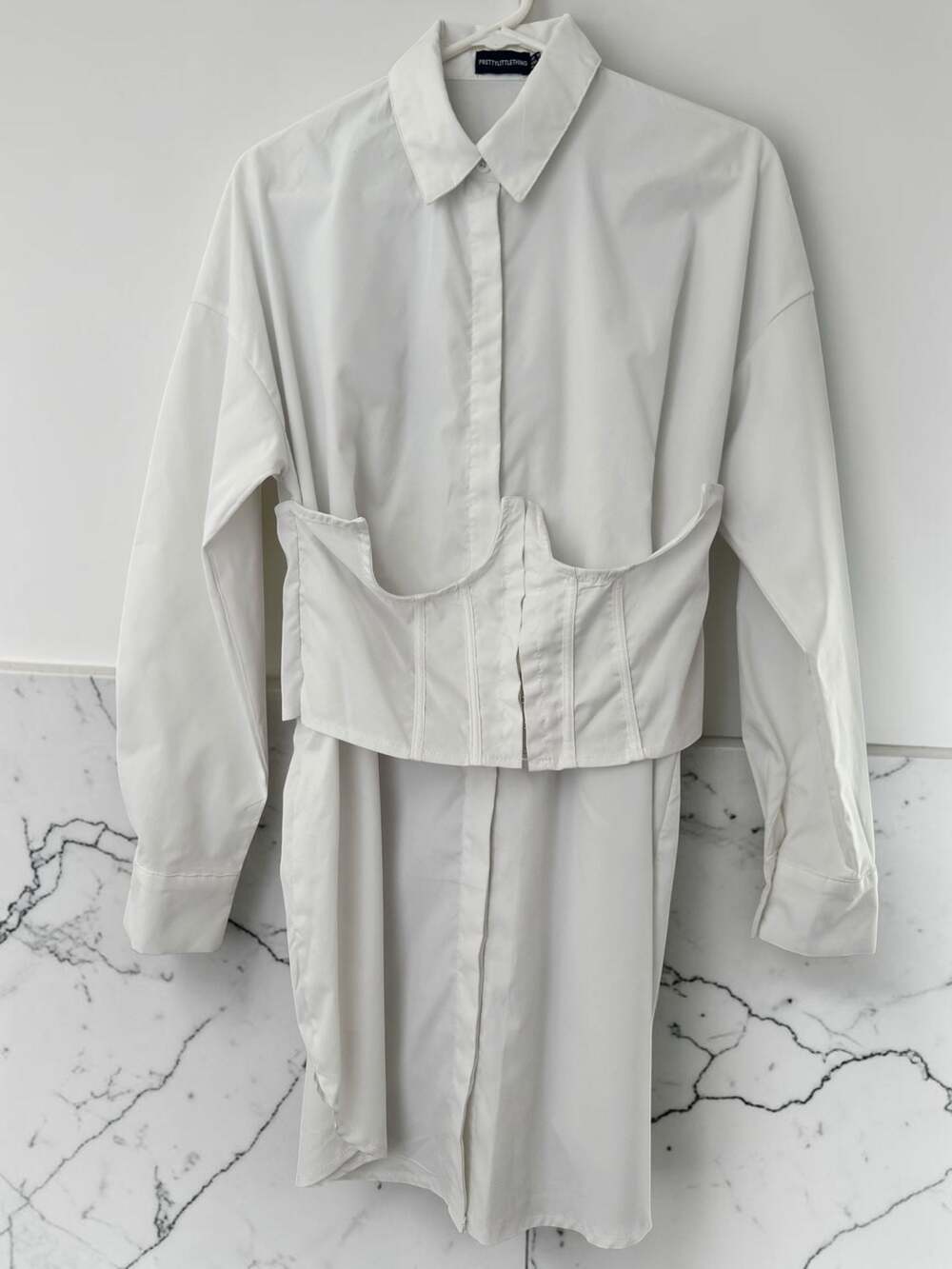 PRETTYLITTLETHING white corset overlay detail long sleeve shirt dress